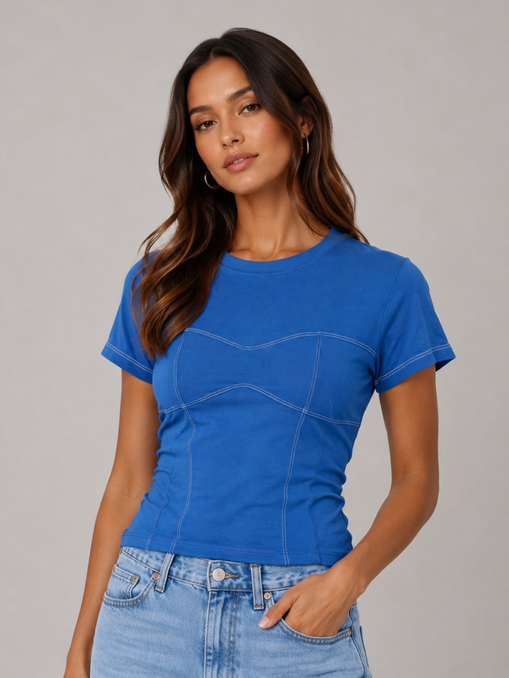 $120 New Michael Lauren Corset Stitch Tee - Blue - small